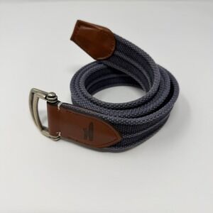 Johnnie-O Mens Medium Grey Blue Striped Belt Canvas Leather Trim D-Ring USA Made